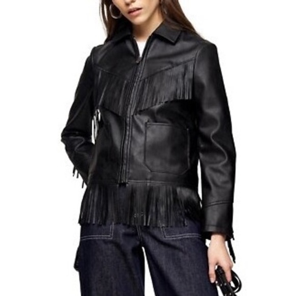 Topshop Jackets & Blazers - Topshop Womens Black‎ Faux Leather Fringe Western Boho Moto Jacket Size 8